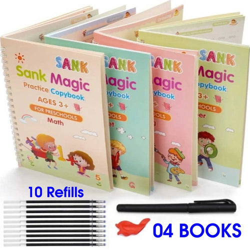 4 in 1 Sank Magic Book  Reusable Magic Practice Copy Book  4 books + 1 Pen + 10 Refills +1 Grip