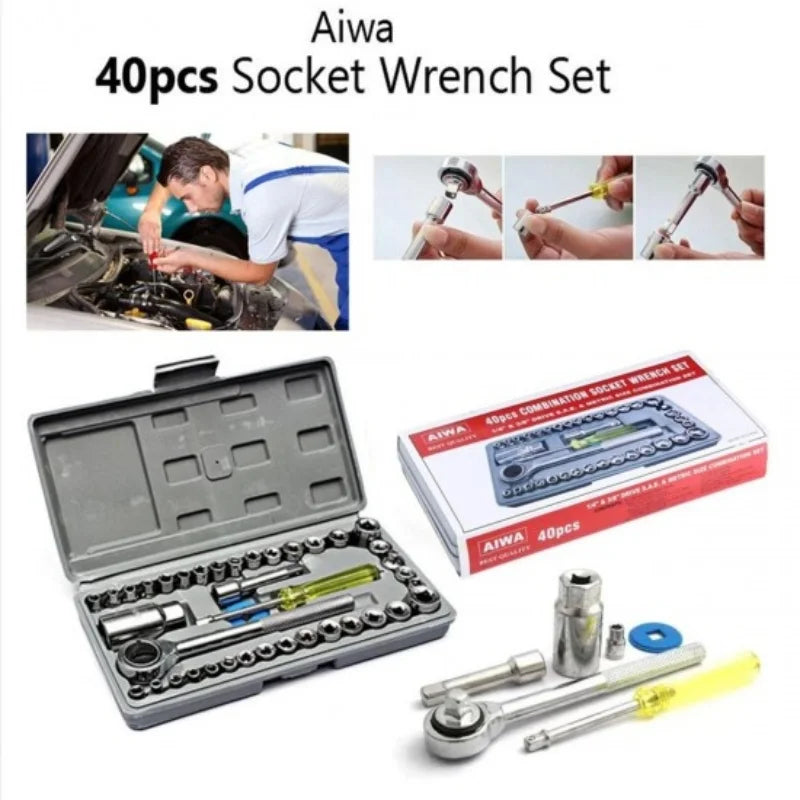 40pcs Aiwa Socket Wrench Tool Kit Durable Stainless Steel Multi-Purpose Repair Set