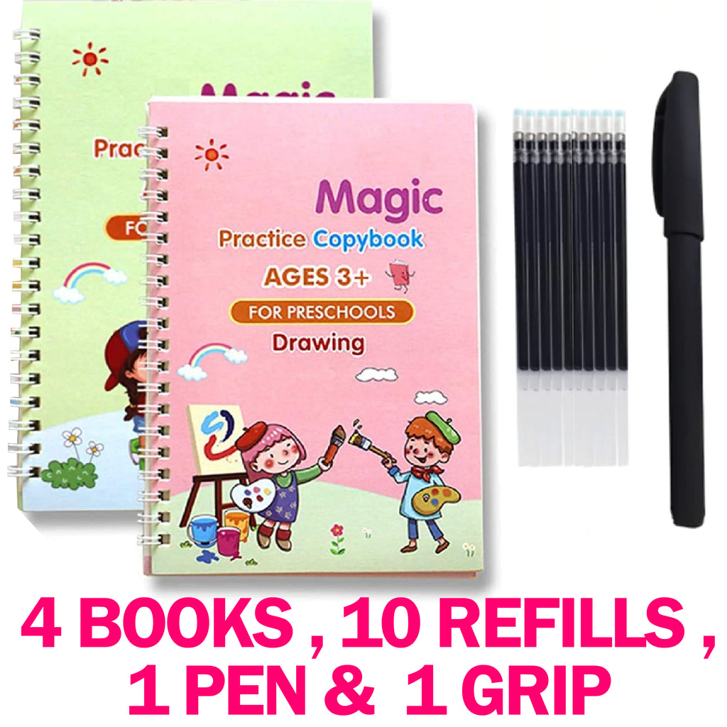 4 in 1 Sank Magic Book  Reusable Magic Practice Copy Book  4 books + 1 Pen + 10 Refills +1 Grip