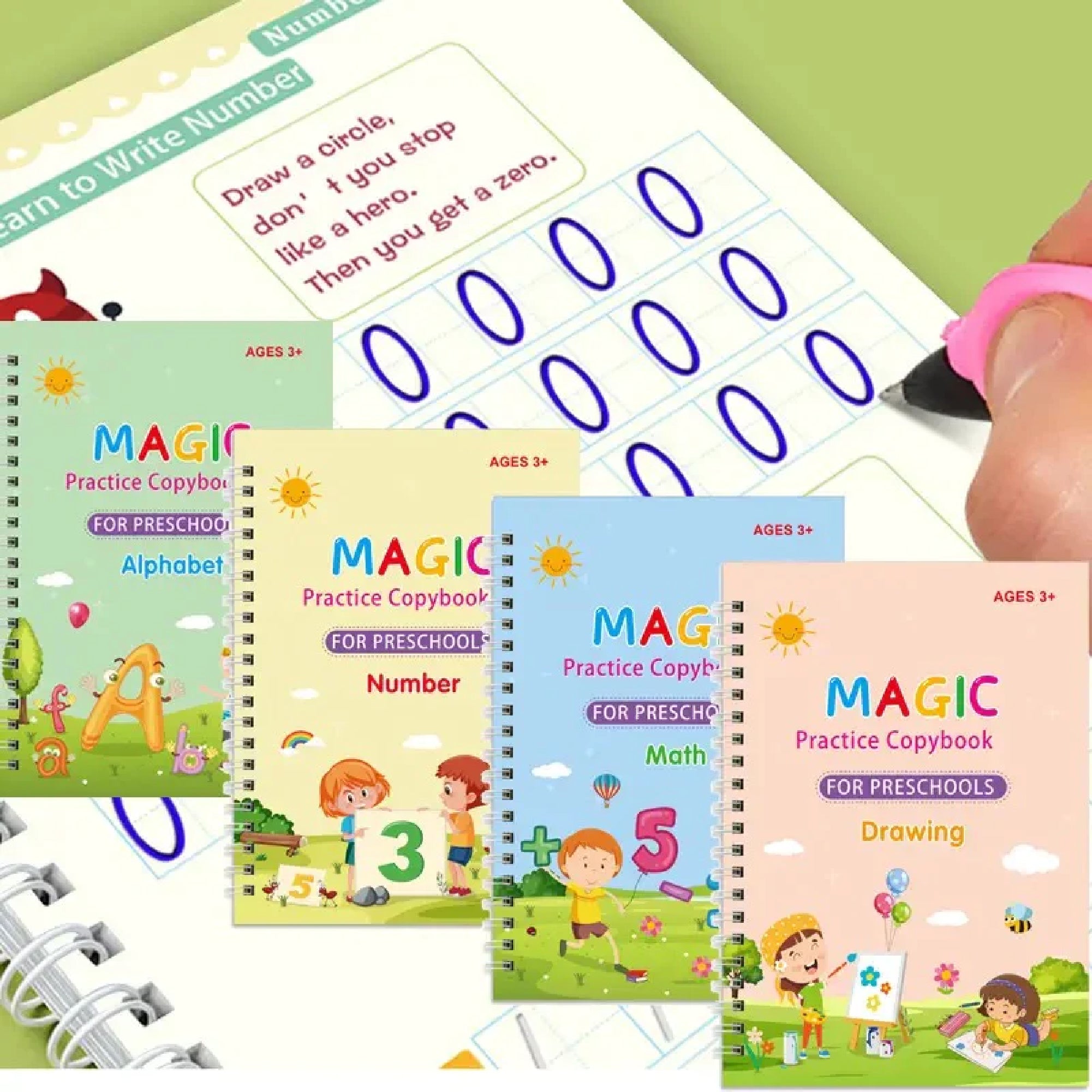 4 in 1 Sank Magic Book  Reusable Magic Practice Copy Book  4 books + 1 Pen + 10 Refills +1 Grip