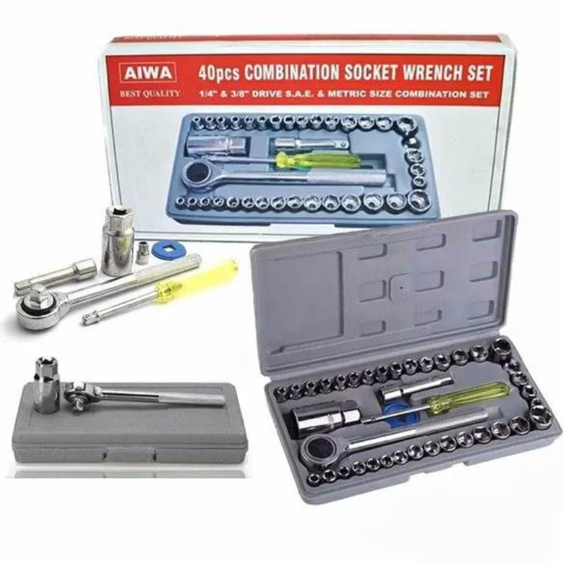 40pcs Aiwa Socket Wrench Tool Kit Durable Stainless Steel Multi-Purpose Repair Set