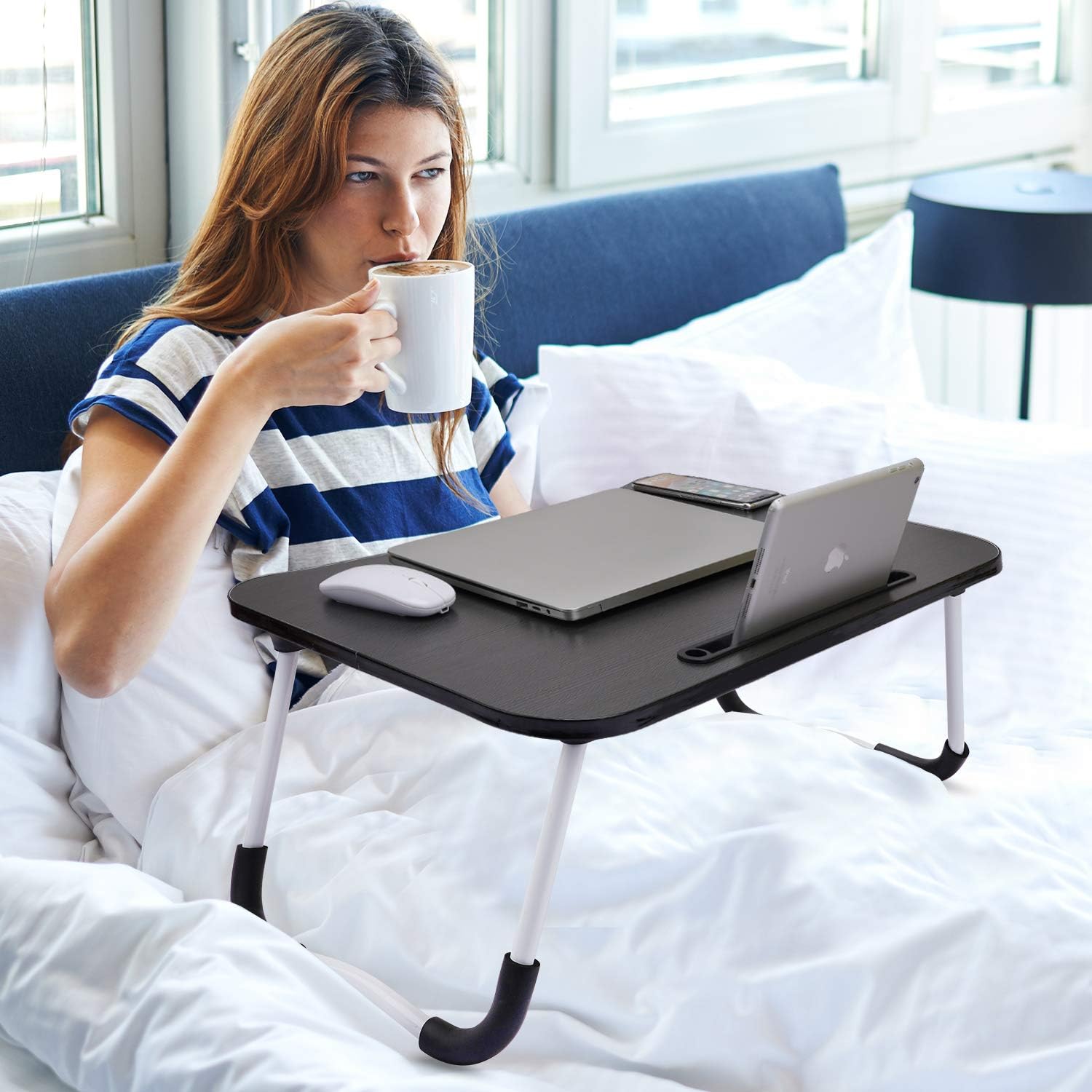 Laptop Table  Black Color Foldable Legs, Tablet Groove & Cup Slot
